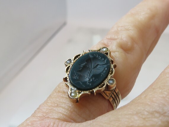 Victorian Intaglio 14k Blood Stone Pearl Ring. si… - image 3