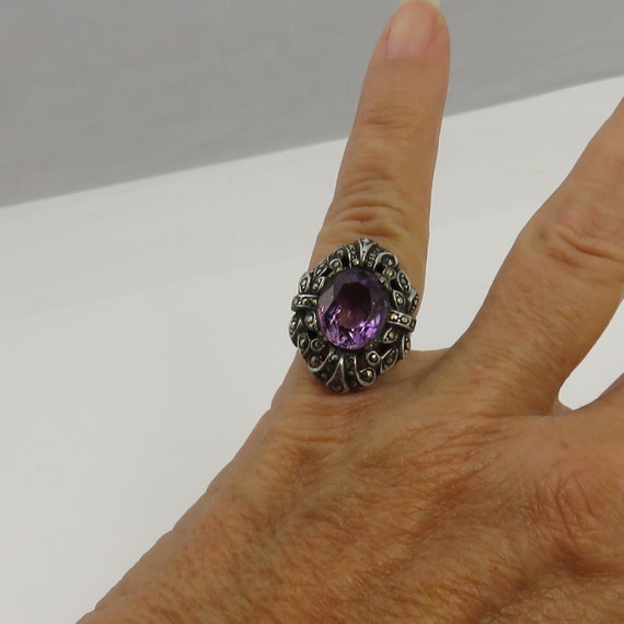 Vintage Sterling Silver Amethyst Marcasite Ring s… - image 5