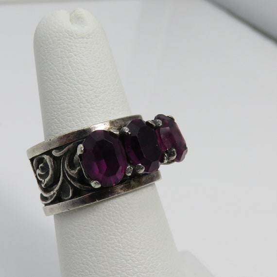 Estate Sterling Silver Amethyst Glass Band Ring B… - image 4