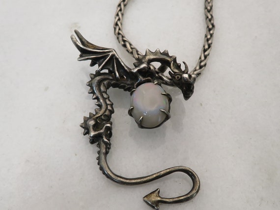 Estate Sterling Silver Opal Dragon Pendant Neckla… - image 1
