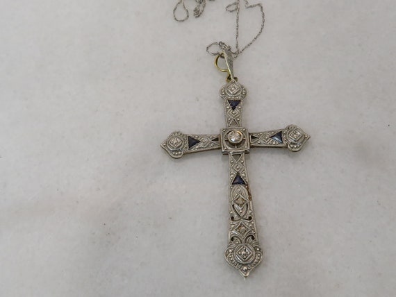 Art Deco 18k/14k Diamond Sapphire Cross Pendant N… - image 2