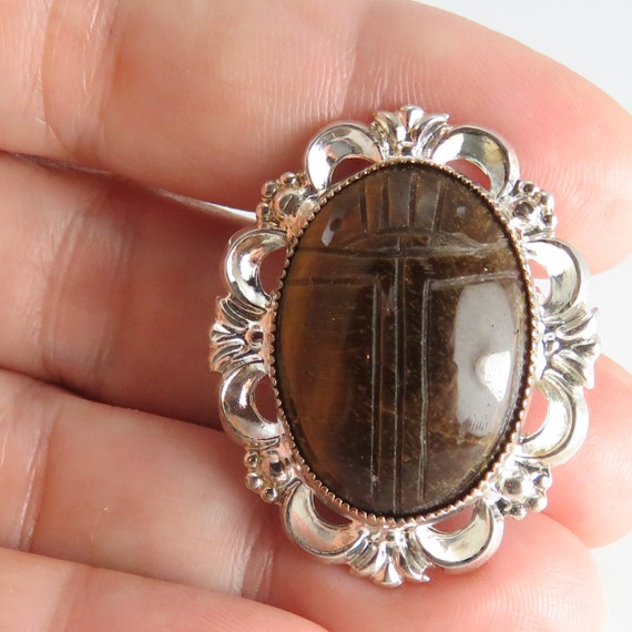 Vintage Sterling Silver  Carved Scarab Beetle Pin… - image 1