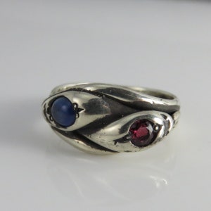 Antique Vintage Silver Ruby Sapphire Double Snake Band Ring. sz 7.