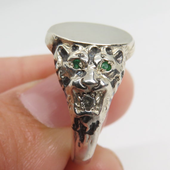 Vintage Sterling Silver Lion Ring Diamond Ruby Em… - image 6