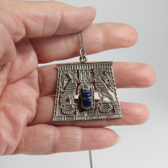 Egyptian Revival Lapis Scarab Pendant Necklace. S… - image 3