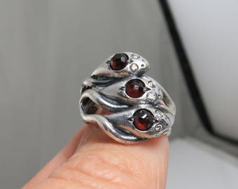 Vintage Silver Diamond Garnet Triple Snake Ring sz 6.