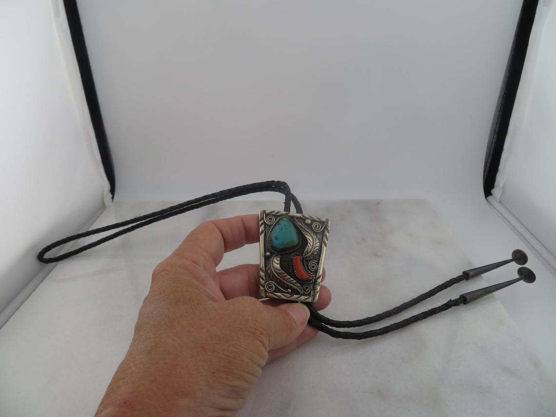 Vintage Sterling Silver Navajo Bolo Tie Turquoise Coral Stone Necklace ...