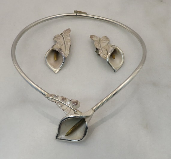 Vintage Sterling Los Castillo Lily & Leaves Necklace Earrings
