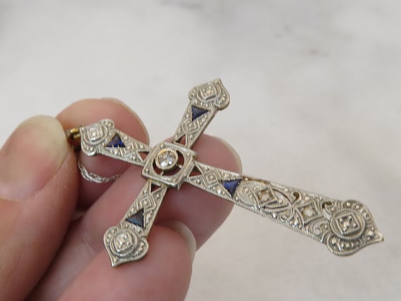 Art Deco 18k/14k Diamond Sapphire Cross Pendant N… - image 1