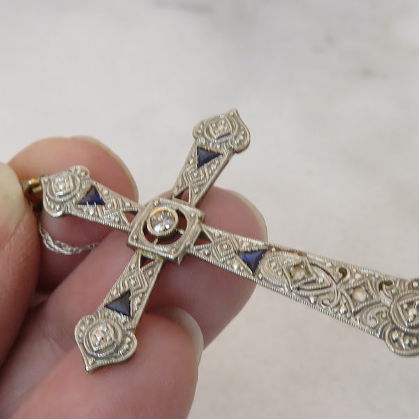 Art Deco 18k/14k Diamond Sapphire Cross Pendant Necklace