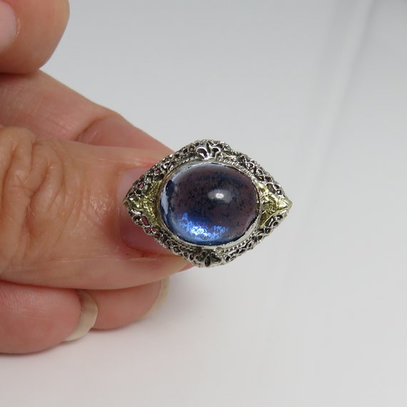 Art Deco 14k Filigree Sapphire Glass Ring Ring sz… - image 3