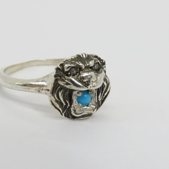 Vintage Sterling Silver Turquoise Diamond Lion Fa… - image 6