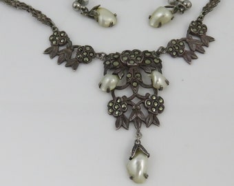 Art Deco Sterling Silver River Pearl Set Necklace Earrings. by berm
