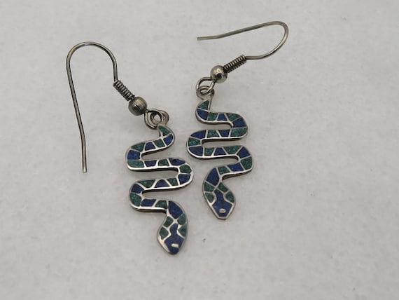 Vintage Sterling Silver Enamel Snake Dangle Earrings.