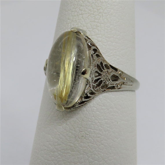 Art Deco 14k White Gold Rutilated Quartz Ring sz 4.5.