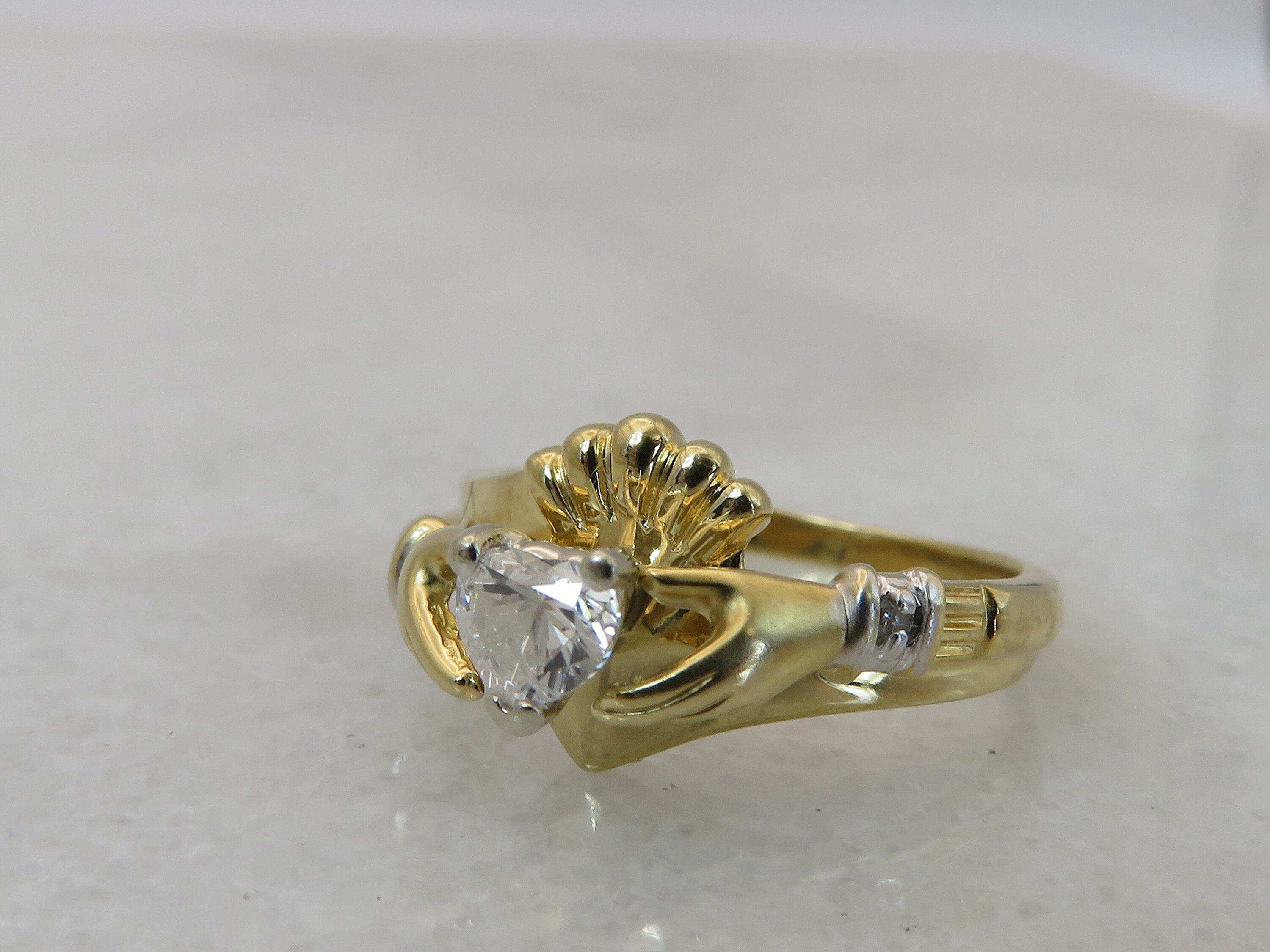 10k Yellow Gold Diamond Solitaire Claddagh Ring - High Polish Irish Heart & Hands Ring (Size 6) - View #6