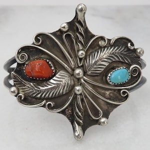 Vintage Navajo Sterling Silver Turquoise Coral Cuff Bracelet 33 grams.