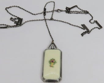 Art Deco Sterling Silver Enamel Locket Necklace with Original Photos.