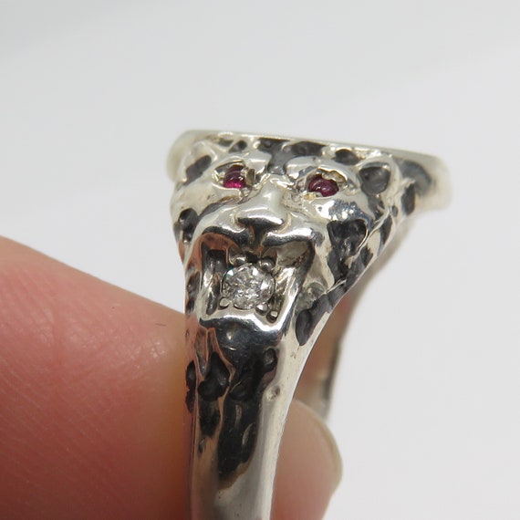 Vintage Sterling Silver Lion Ring Diamond Ruby Em… - image 8