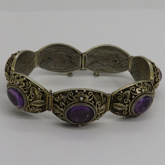 Antique Chinese Silver Vermeil Amethyst Filigree … - image 6