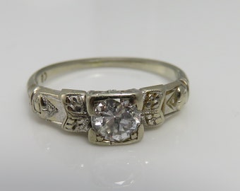 Art Deco 18K Diamond White Gold Engagement Ring . sz 4.25.