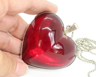 Vintage Heart Cherry Lucite Sterling Silver Necklace Earrings Artist Signed. BIG.