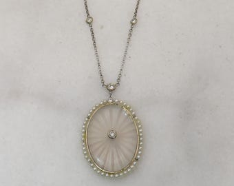 14k Art Deco Diamond Pearl Pendant Necklace.