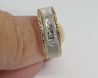 Vintage 14k Yellow White Gold Diamond Wide Band Ring. sz 7.