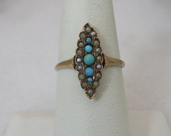 Antique 14k Turquoise Navette Ring size 7.