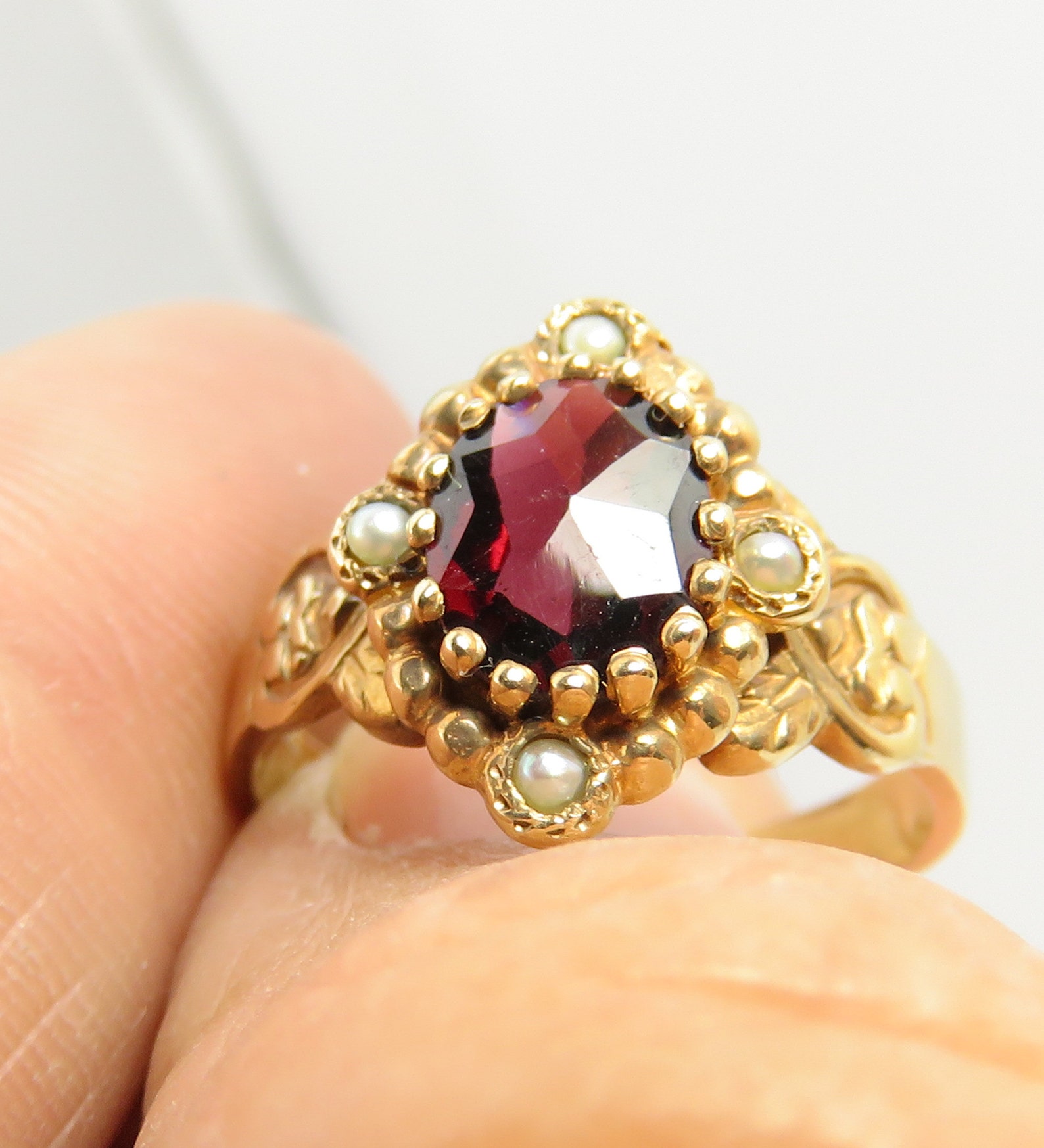 Victorian 14k Amandine Garnet Pearl Ring size 6.5. | Etsy