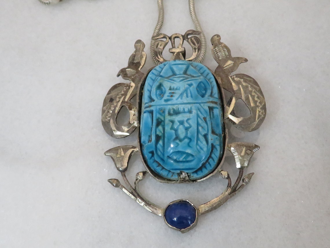 Vintage Egyptian Revival Scarab Lapis Sterling Silver Pendant Necklace ...