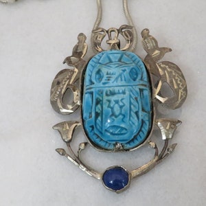 Vintage  Egyptian Revival Scarab Lapis Sterling Silver Pendant Necklace. 30 grams.