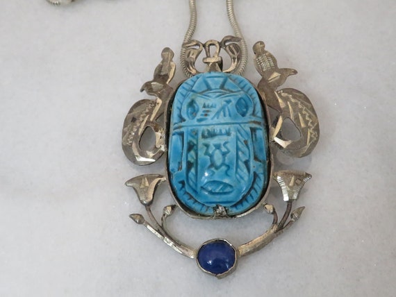 送料無料ラピス付きエジプトリバイバルイヤリング並行輸入 ヴィンテージ エジプト リバイバル スカラベ ラピス スターリング