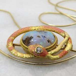 Art Nouveau 14k Enamel Diamond Opal Snake Pendant Necklace. image 2