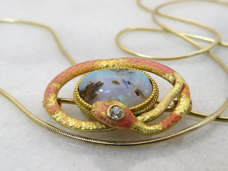 Art Nouveau 14k Enamel Diamond Opal Snake Pendant Necklace. image 2