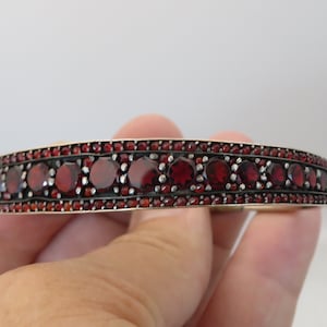 Antique Garnet Bangle Bracelet Silver Gold Wash. 14k safety chain.