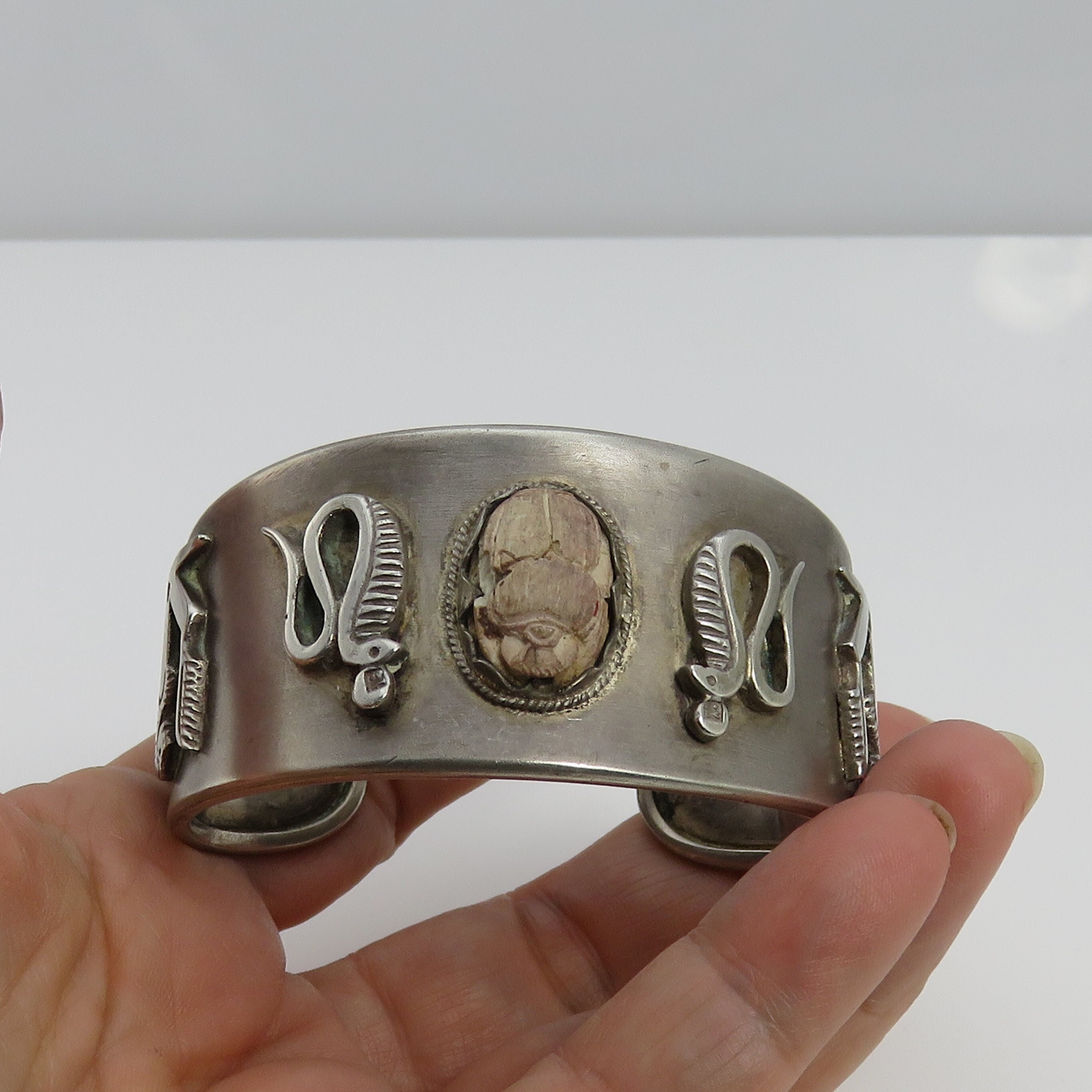 Antique Egyptian Revival Silver Cuff Bracelet With Scarab And Pharaoh  Motifs — portmanteau new york