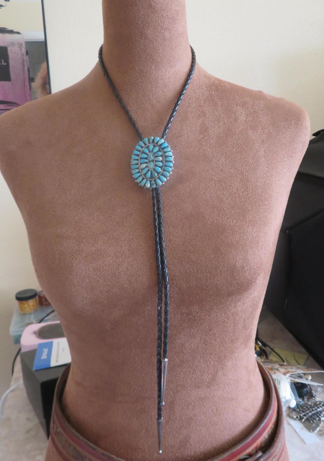 Vintage Sterling Silver Signed Zuni Bolo Tie Turquoise Stone Necklace ...