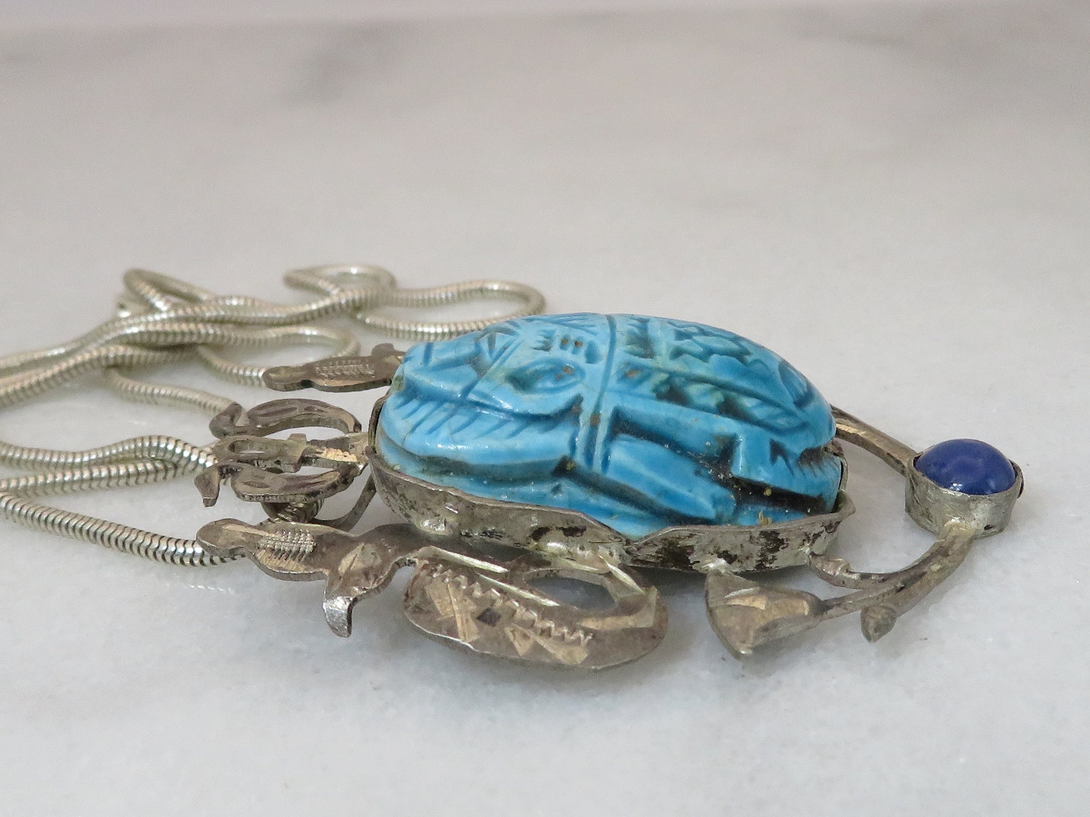 Vintage Egyptian Revival Scarab Lapis Sterling Silver Pendant Necklace ...