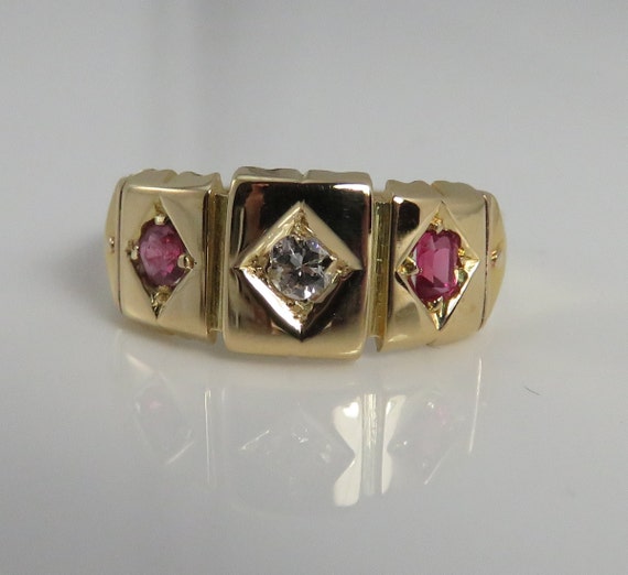 Antique 18k Yellow Gold Diamond Ruby Gypsy Band R… - image 1