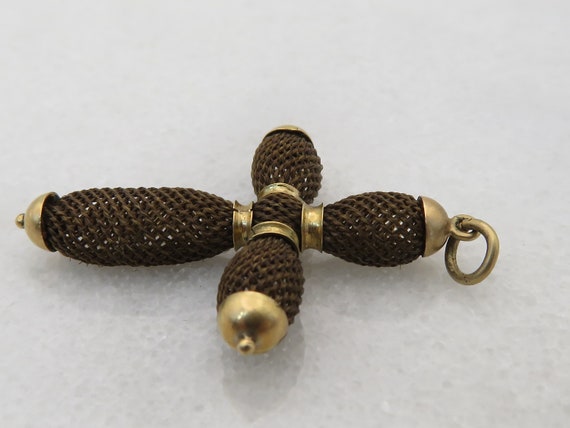 Victorian 14k Woven Hair Mourning Cross Pendant. - image 3
