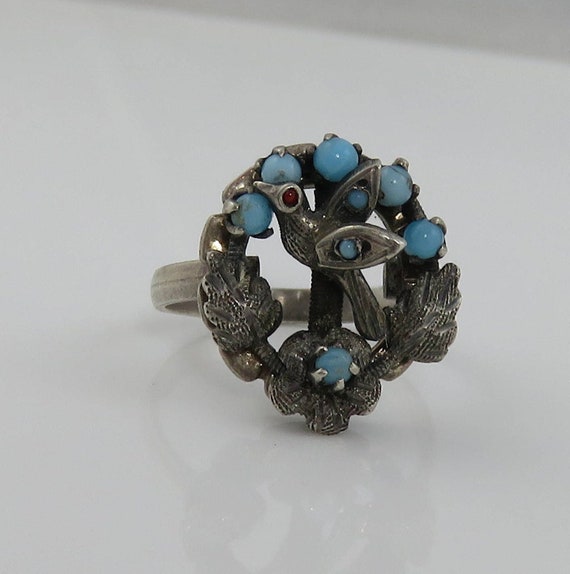 Estate Victorian Sterling Silver Bird Turquoise Ring Estate.