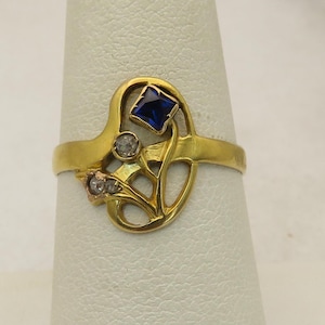 Antique French 14k Sapphire Diamond Ring.