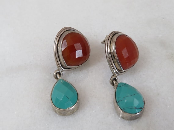 Vintage Sterling Carnelian Turquoise Dangle Earri… - image 1