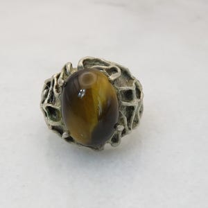 Vintage Sterling Brutalist Studio Modernist Tiger Eye Ring. heavy solid Sz 9.5