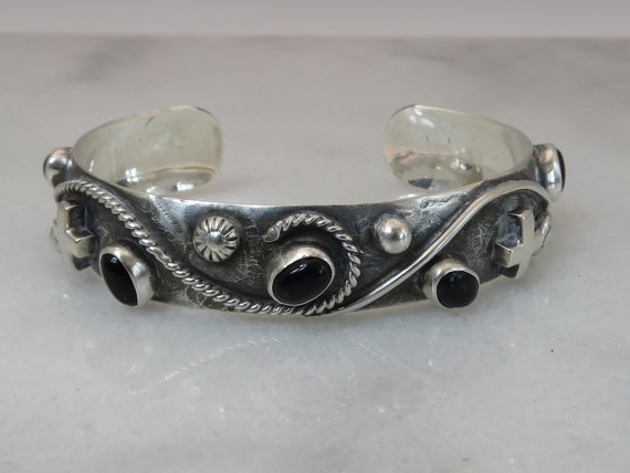 Vintage Navajo Sterling Silver Nakai Black Onyx C… - image 1