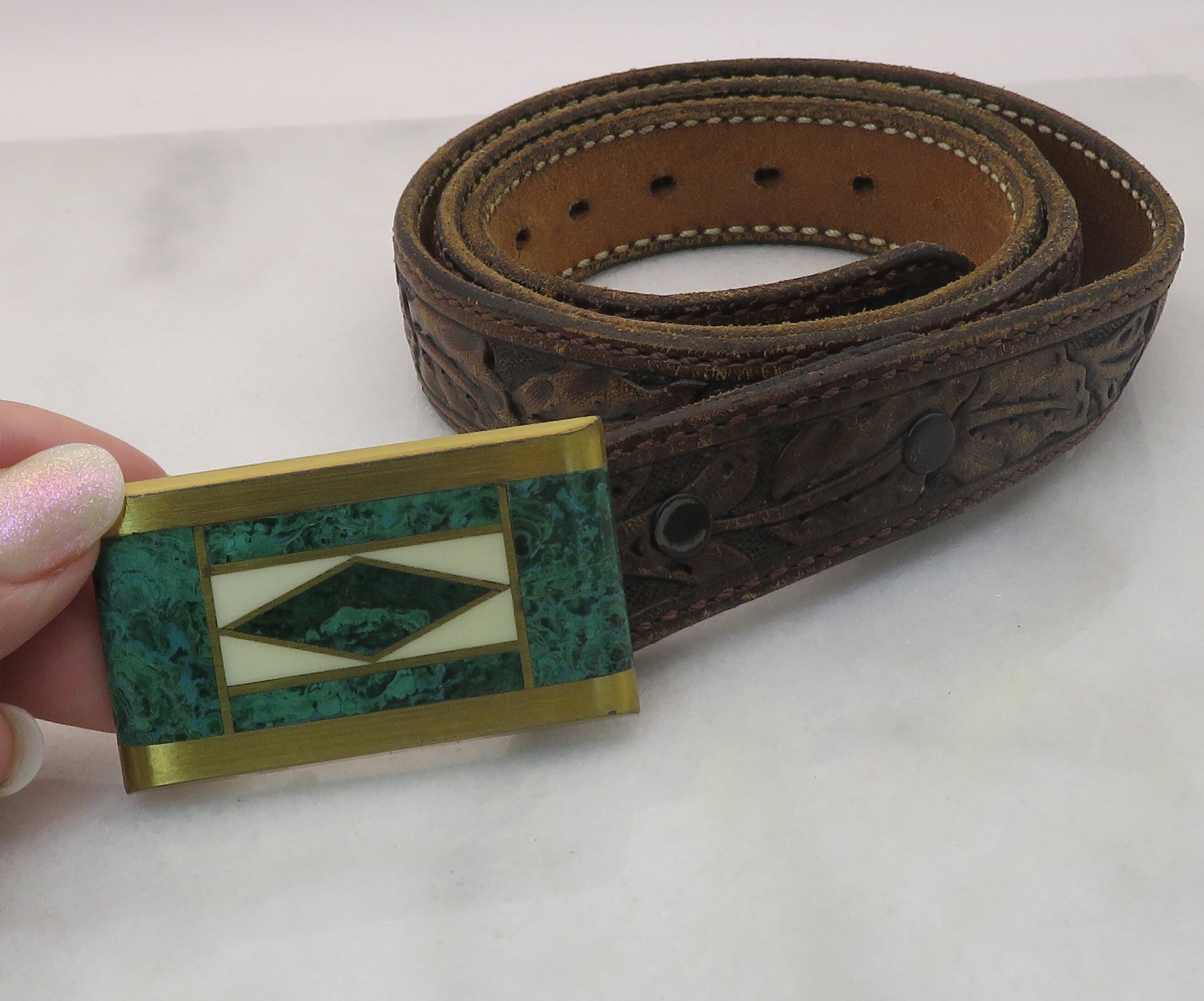 Vintage Artisan Copper Brass Silver Agate Buckle Gray Leather Belt New Sterling Silver Arizona Fire Agate Belt Buckle Navajo  main image 4
