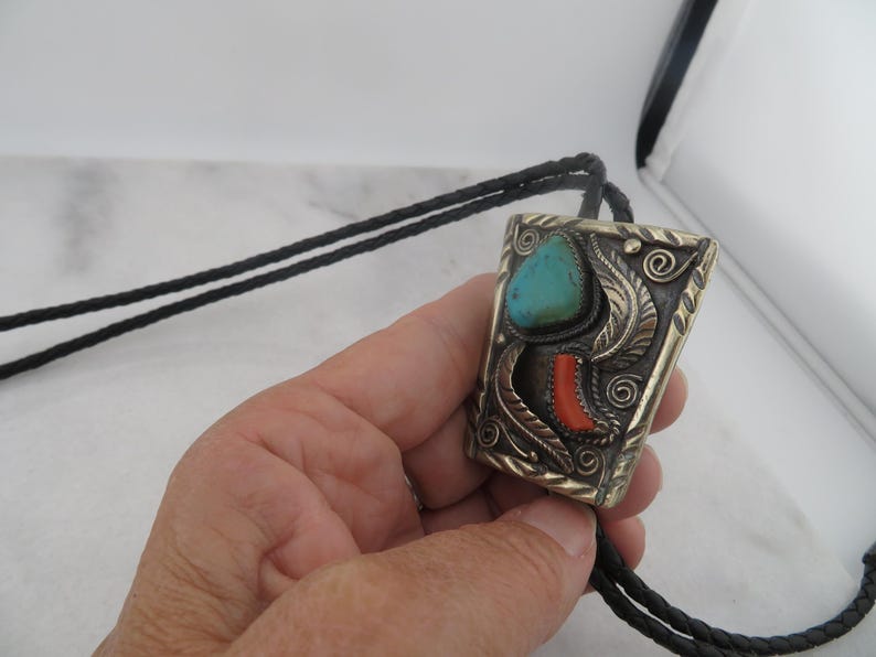 Vintage Sterling Silver Navajo Bolo Tie Turquoise Coral Stone Necklace ...