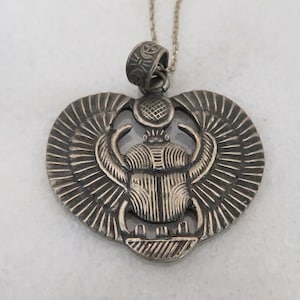 Vintage Egyptian Revival Sterling Silver Winged Scarab Pendant Necklace.