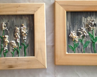 art, mixed media ,pearl  flower in 3d acrylic painted canvas wooded   framed